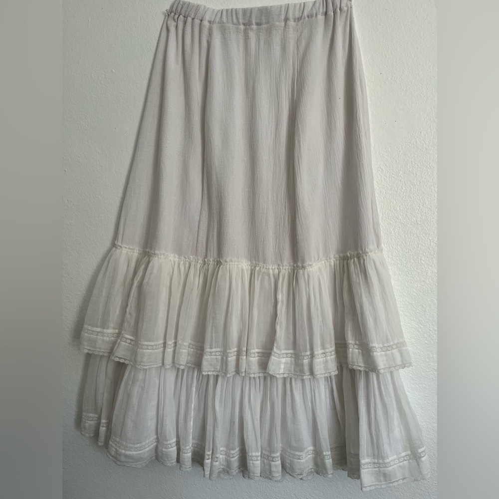 Vintage lace ruffles on new ivory cotton gauze skirt